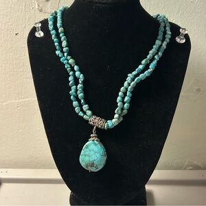 Turquoise Double-Strand Beaded Necklace with Teardrop Pendant